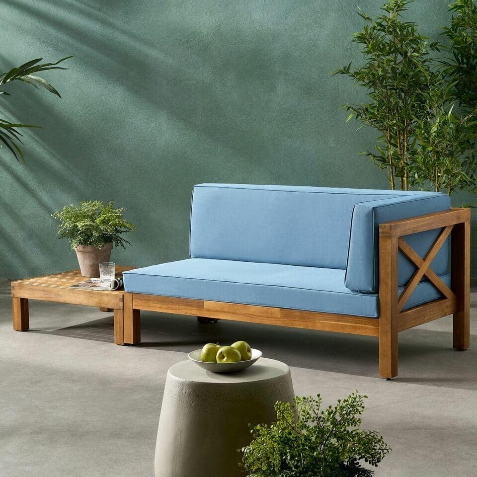 Roomfitters X-Back Corner Bench with Coffee Table, Outdoor Wooden Patio Sofa with Cushions for Garden or Porch