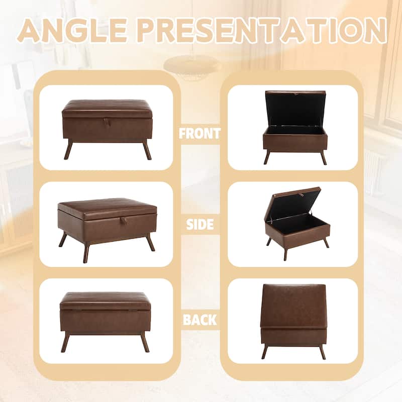 Square Storage Bench Coffee Table, Storage Ottoman Table with Wood Legs, Upholstered Footstool with Hidden Storage Compartment