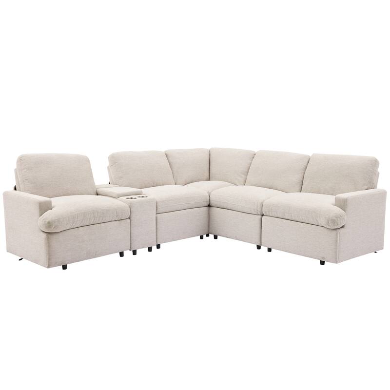 104" Linen Recliner Sectional Sofa (4-Seater) with Storage, USB & Cup Holders