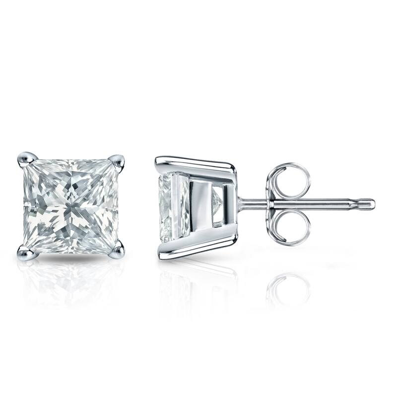 Auriya 14k Gold Lab Grown Princess Diamond Stud Earrings 0.50 to 5.00 ct. tw. 4-Prong Basket Push-Back (F-G VS) - White - 4.00 ct. tw.