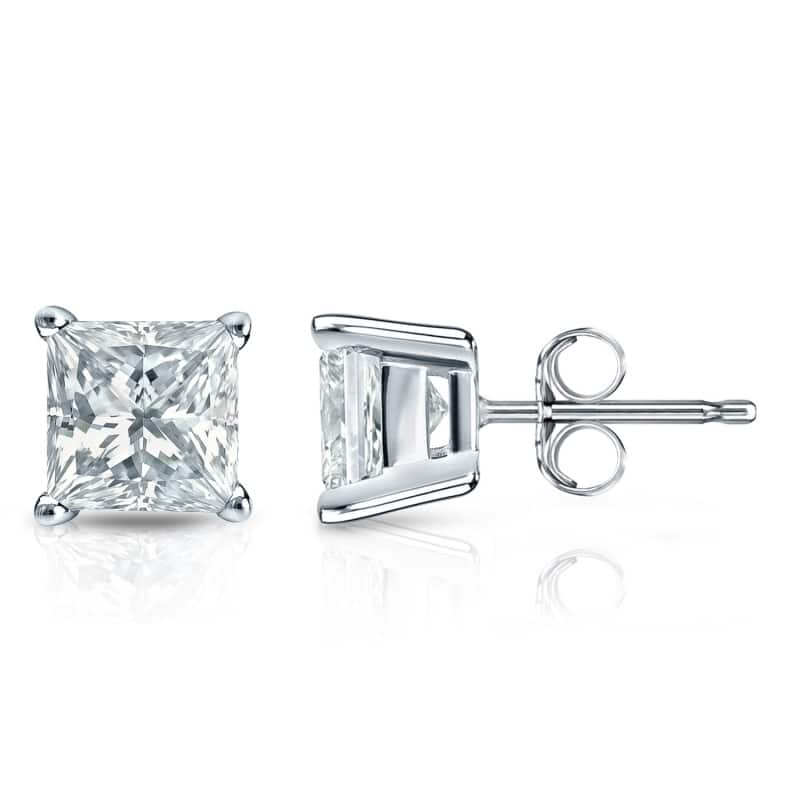 Auriya 18-karat Gold Lab Grown 2.00 carat TDW Princess Diamond Stud Earrings 4-Prong Basket Push-back - White