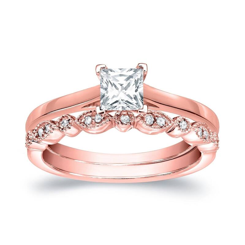 Auriya 14k Gold 1/2ctw Vintage Princess-cut Solitaire Diamond Engagement Ring Set - Rose - 8.5