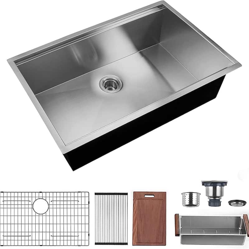 Undermount Single Bowl 18 Gauge Stainless Steel in Silver Kitchen Sink - 32'' x 18''
