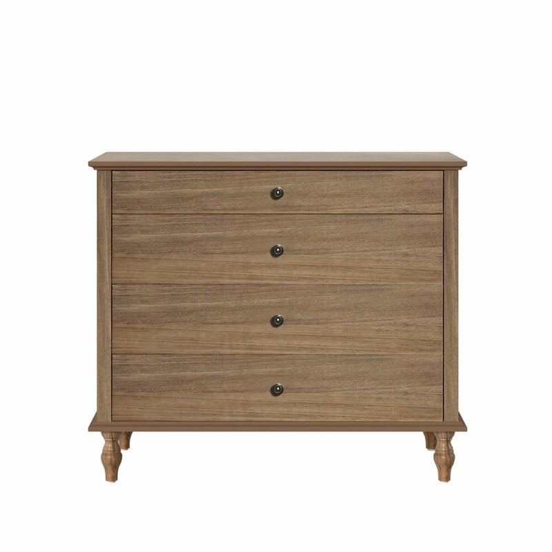 Large 4-Drawer Wood Dresser with Solid Wood Feet, Brown Finish & Metal Knobs, Antique Storage Chest