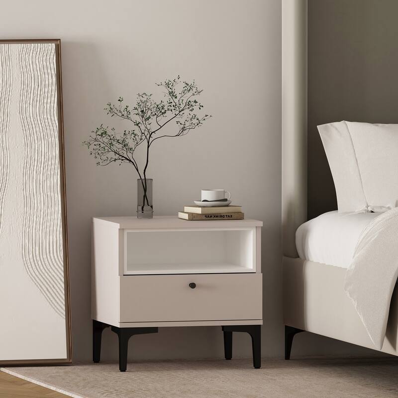 Modern Nightstand with Drawer and Open Shelf Metal Frame Design