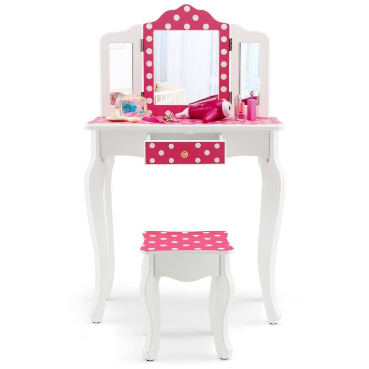 Kids Vanity Table and Stool Set with Cute Polka Dot Print-Pink - N/A