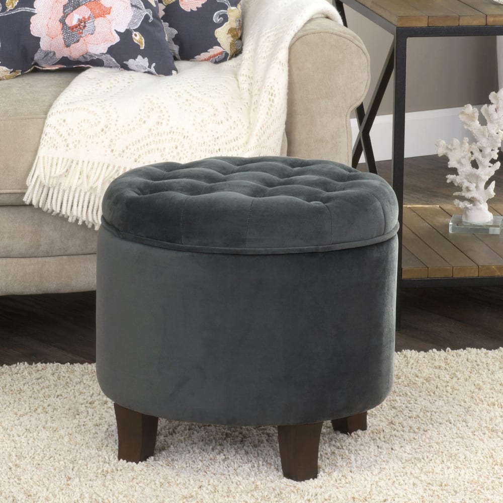 HomePop Velvet Round Storage Ottoman Gunmetal