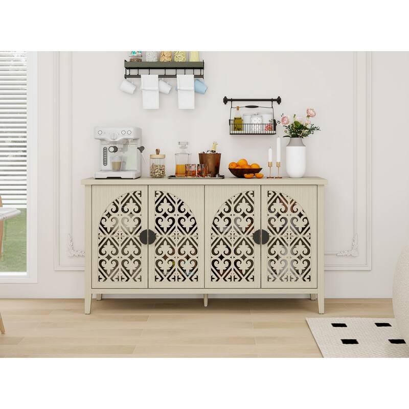 Symmetrical Carved Buffet, Storage Cabinet with Adjustable Shelves, Hollowed-out Accent Cabinet with Wood Feet