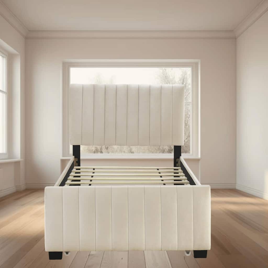 Twin Size Velvet Upholstered Platform Bed Frame with Trundle, No Box Spring, Space-Saving Design, Sturdy Construction