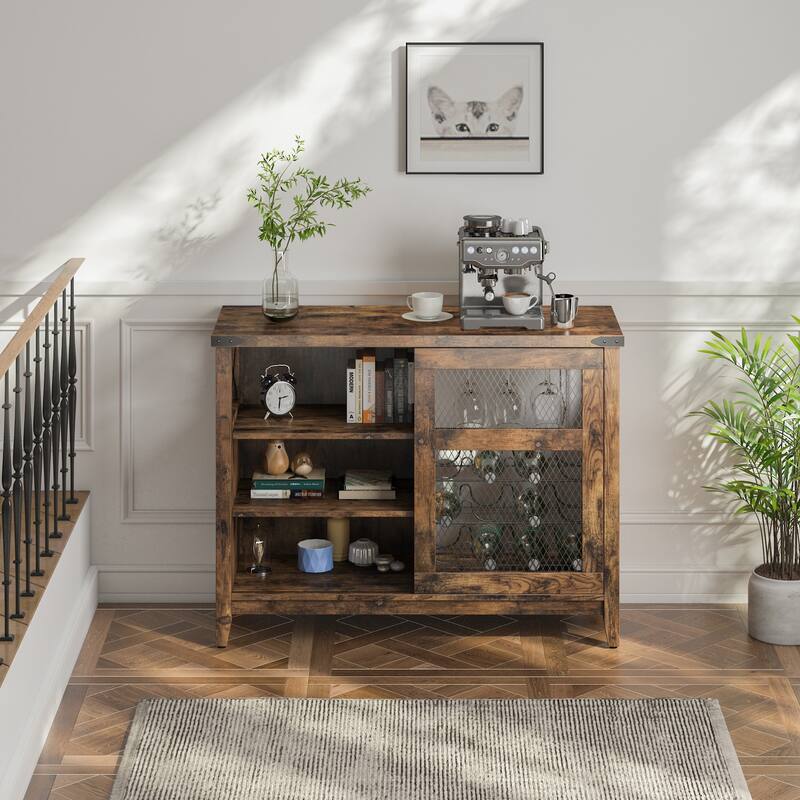 Wine Bar Cabinet with Storage Sliding Door & LED Lights - 42 inch