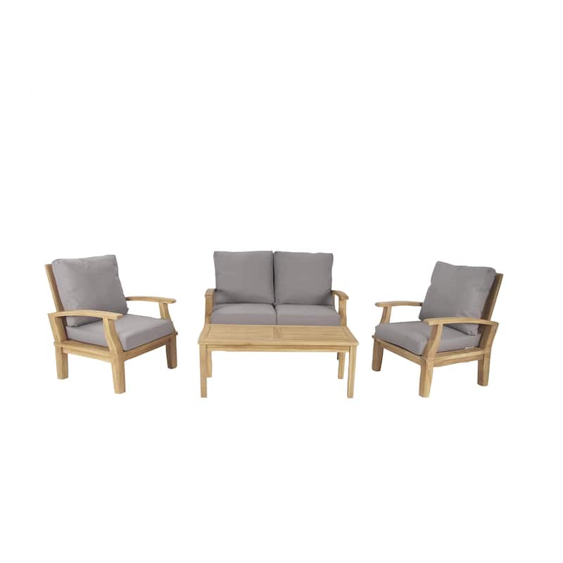 Teak Wood Arm Chair and Loveseat Outdoor Seating Set with Cushions and Coffee Table - Set of 4 Brown - Roche River Decor - Brown
