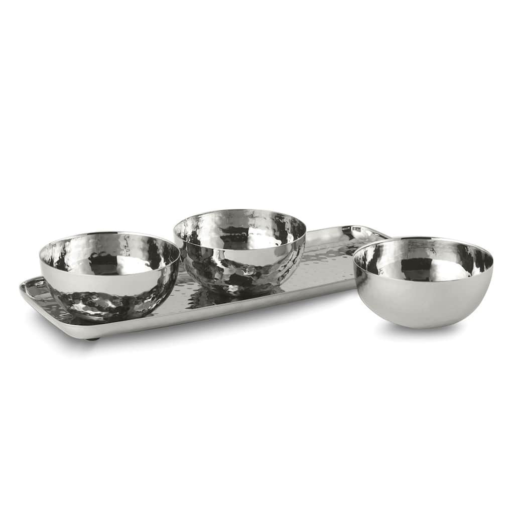 Curata Stainless Steel Hammered 3 Bowl Serving Set with Tray