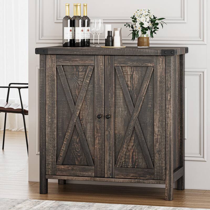 Farmhouse Buffet Cabinet with Doors and Shelves - 15.7"D x 30"W x 31.5"H - Dark Oak