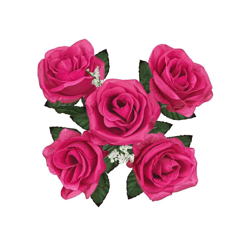 Set of 12 Hot Pink Artificial Open Rose Flower Stem Bush Bouquet 14in - 14" L x 7" W x 7" DP