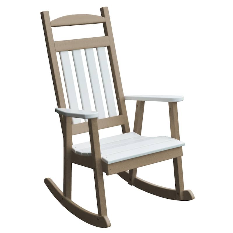 Poly Classic Porch Rocker - Weathered Wood with White Accents