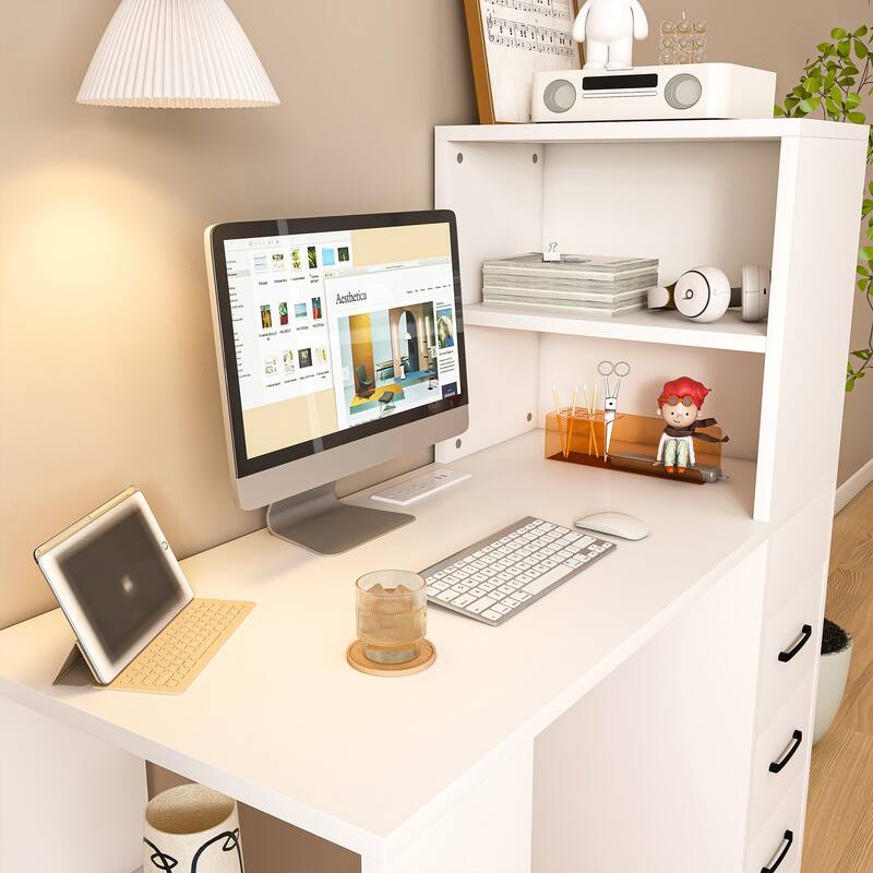 White Computer Desk with 3 Slide Storage Drawers and 4 Open Shelves for Home or Office Workstation