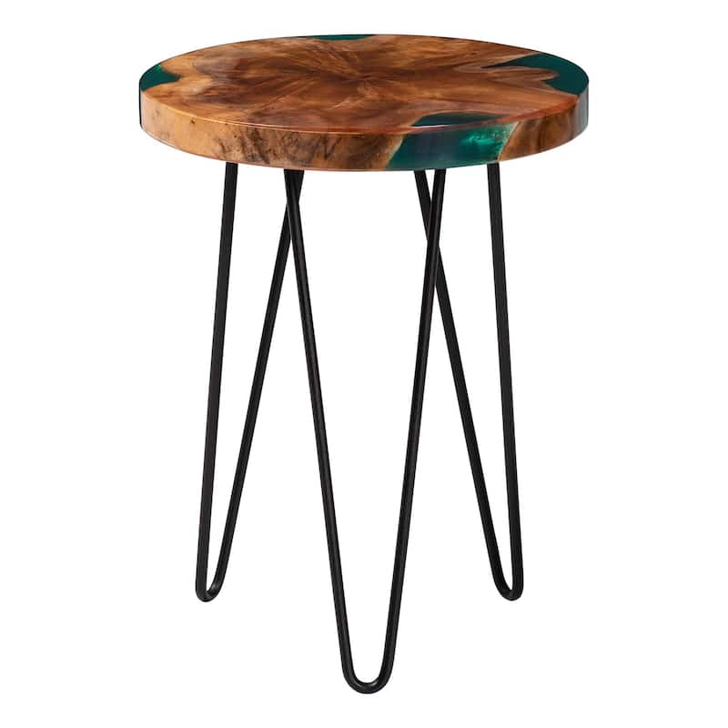 Anan Teak Wood Epoxy Resin End Table - Round Live Edge Side Table with Black Metal Legs, Handcrafted Modern Rustic Accent Table
