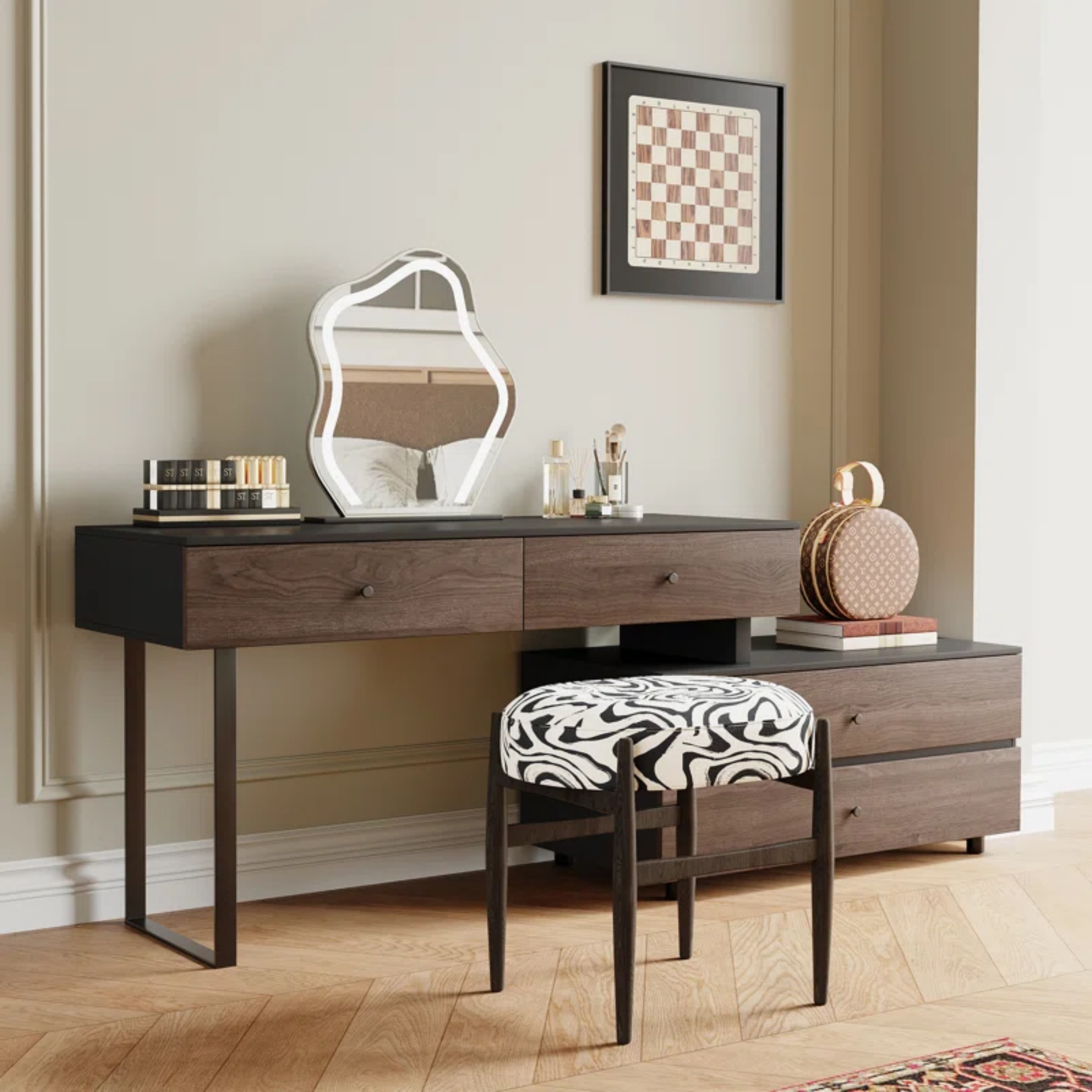 Extendable Makeup Vanity with 4 Drawers Swivelable L-shaped Corner Vanity Desk