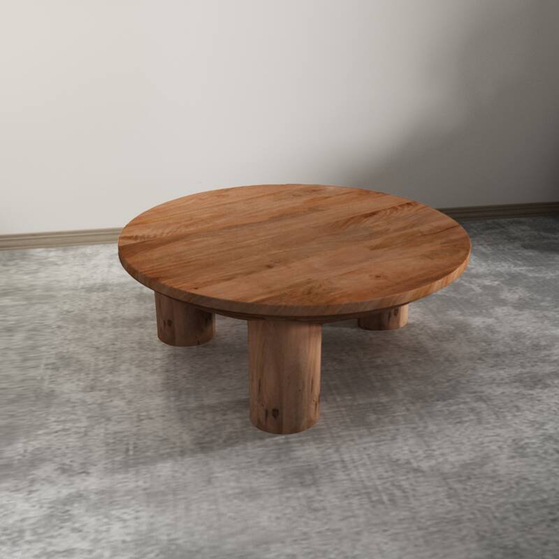 Meridian Coffee Table, 38 Inch Round Top, 3 Column Pillar Legs, Natural Brown Mango Wood