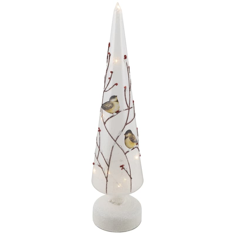 LED Lighted Birds on Branches Frosted Glass Cone Christmas TreeDecoration - 16"