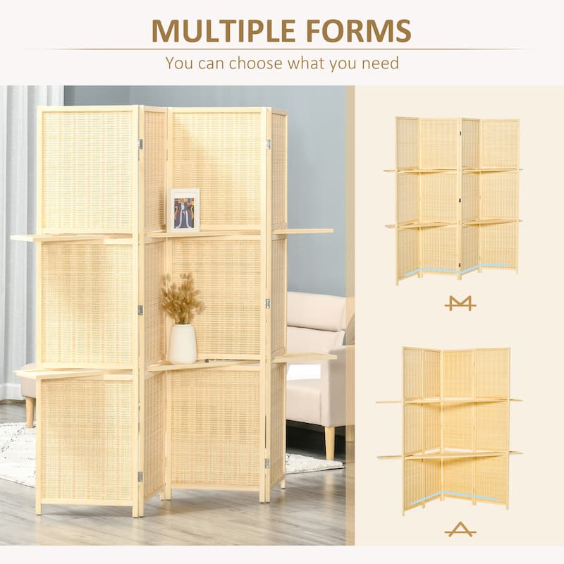 4-Panel Bamboo Folding Room Divider Screens with Storage Shelves