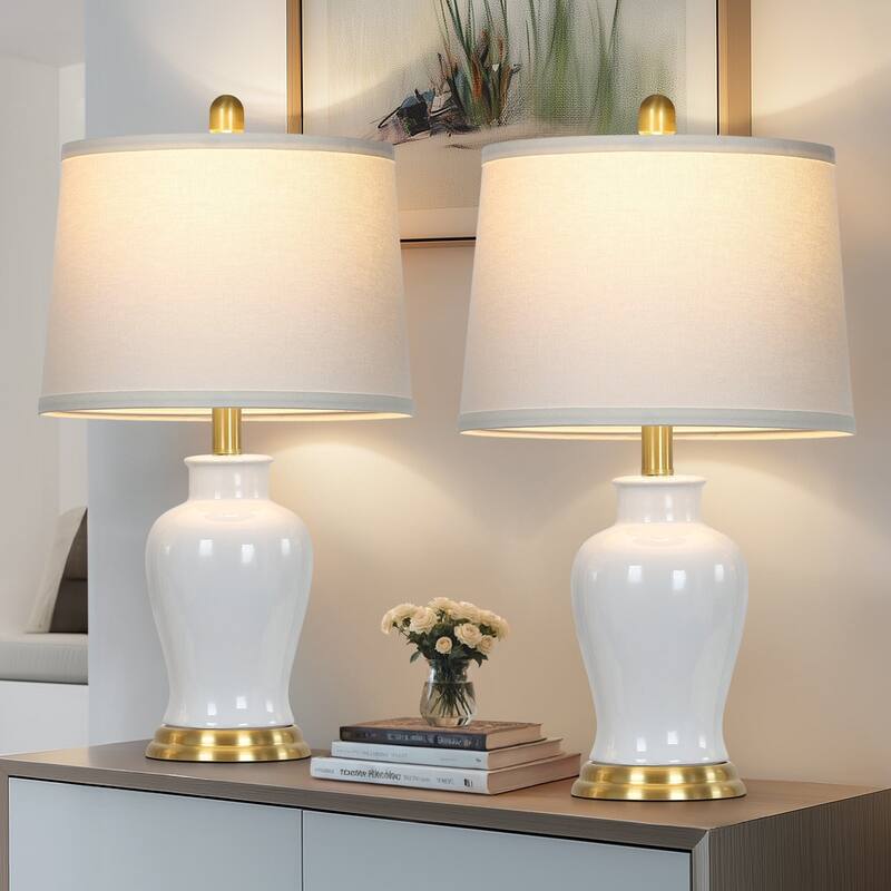 23-Inch Ceramic Ginger Jar Table Lamp with White Fabric Shade and LED Bulb