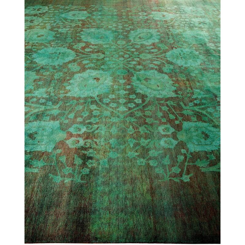 Overton Hand Knotted Wool Vintage Inspired Modern Contemporary Overdyed Green Area Rug - 9' 10" x 14' 1"
