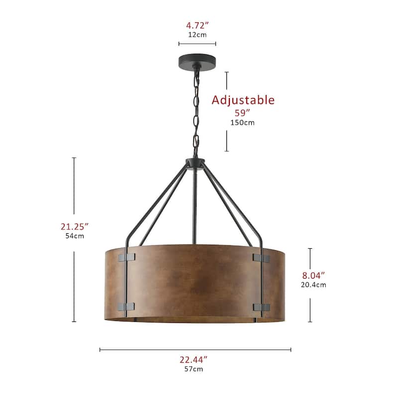 Vintage Matte Black 4-Light Metal Drum Pendant Light with Brown Lampshade