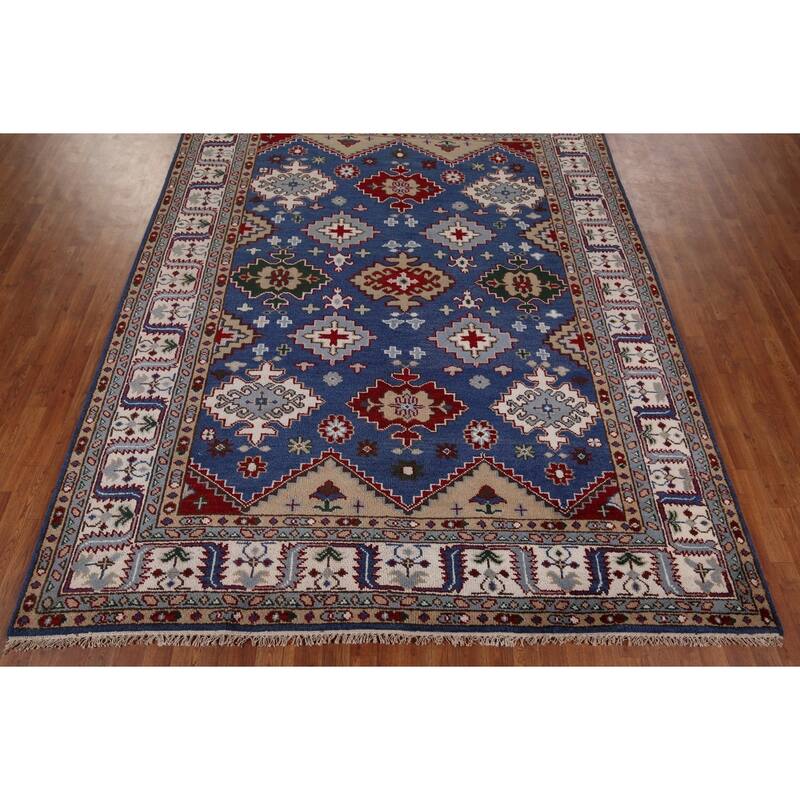 Blue Kazak Area Rug Hand-Knotted Wool Carpet - 8'1" x 9'11"