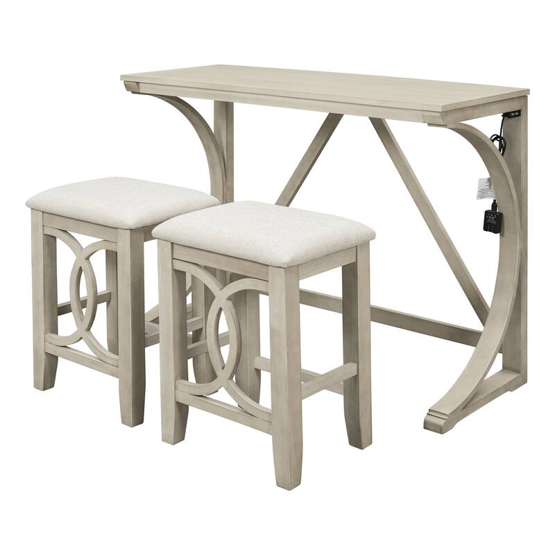 3-Piece Farmhouse Dining Set with USB Port & Stools