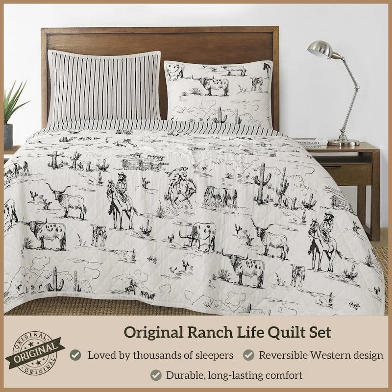Paseo Road Ranch Life Western Cowboy White/Black 100% Cotton Rustic Toile Western Bedding 3 Piece Reversible Quilt Set