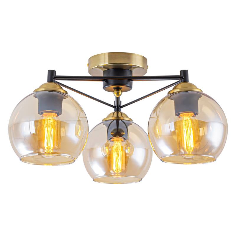 3 Lights Gold Flush Mount Ceiling Light with Amber Glass Globes - Dia.17.72-in