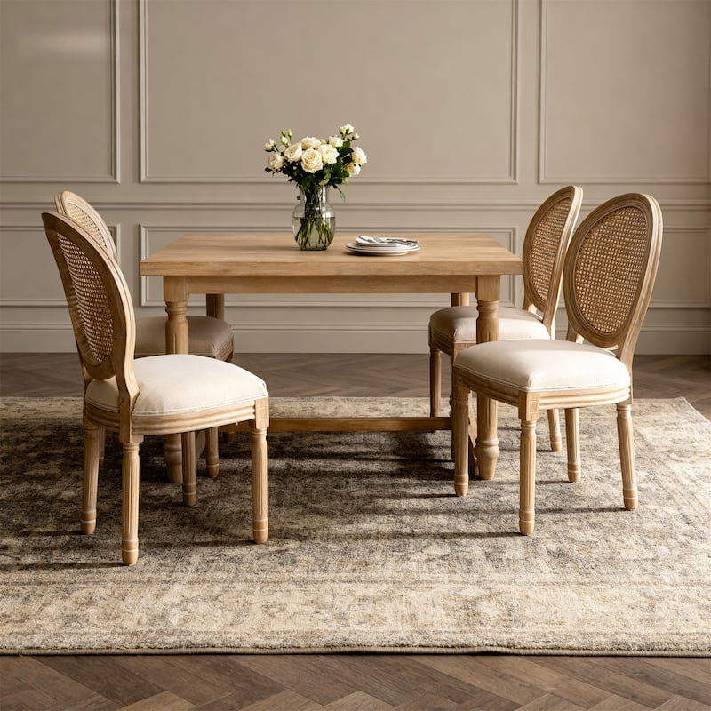 Set of 2 French Style Solid Wood Frame Linen Fabric Rattan Back Dining Chairs