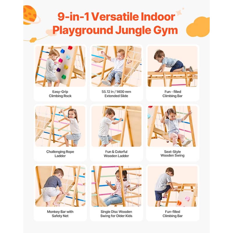 Colorful 9 in 1 Indoor Playground Jungle Gym for Kids with Extended Slide Swing Climbing Net Monkey Bars and 250 lbs Capacity