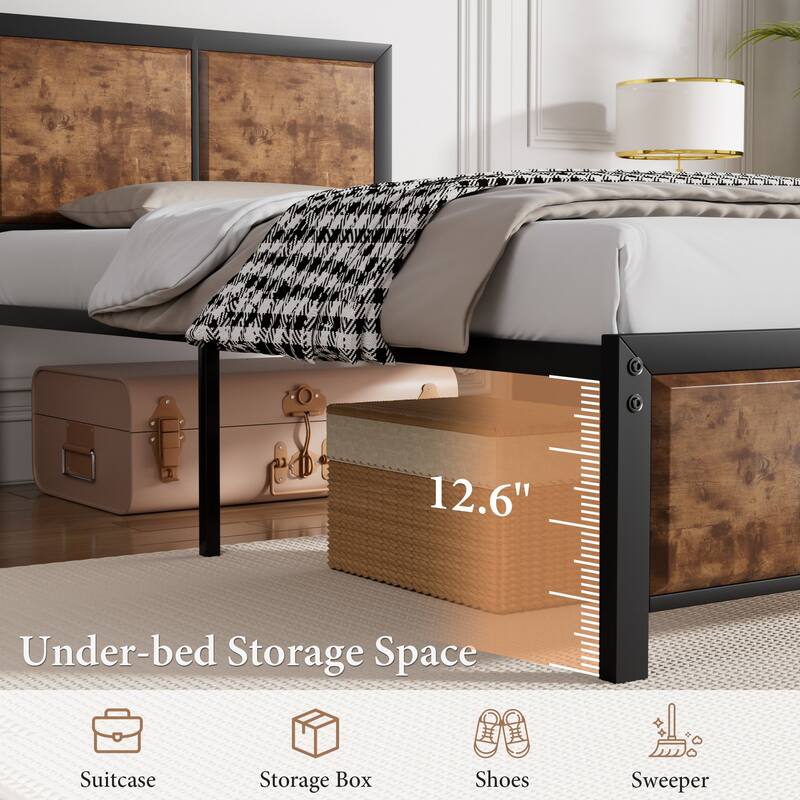 VECELO Platform Bed Frame with Wooden Headboard Heavy Duty Steel Slats Support No Box Spring Needed