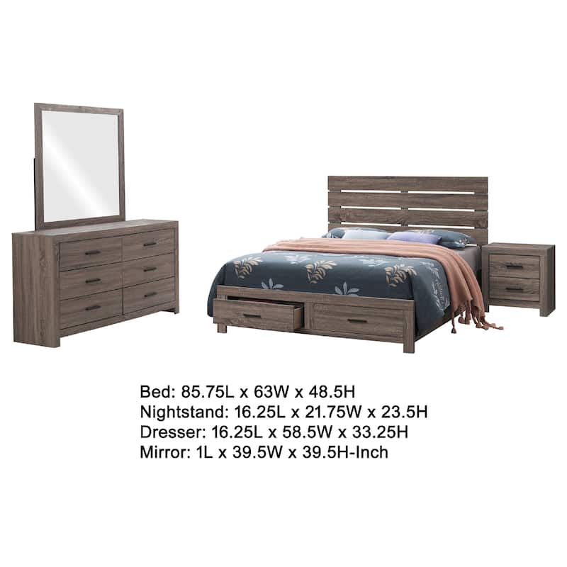 Sili 4pc Queen Storage Bedroom Set, Oak Brown and Dark Bronze