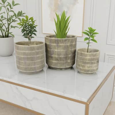 Zeri 3pc Planter Set, Ribbed Grooved Gray Terracotta, 8,10,12 Inch