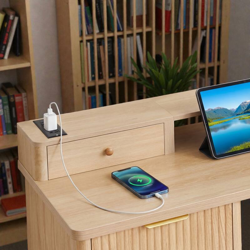 59 Inch Modern L Shaped Desk with Charging Station, Computer Desk with Storage Cabinet File Drawer and Monitor Stand