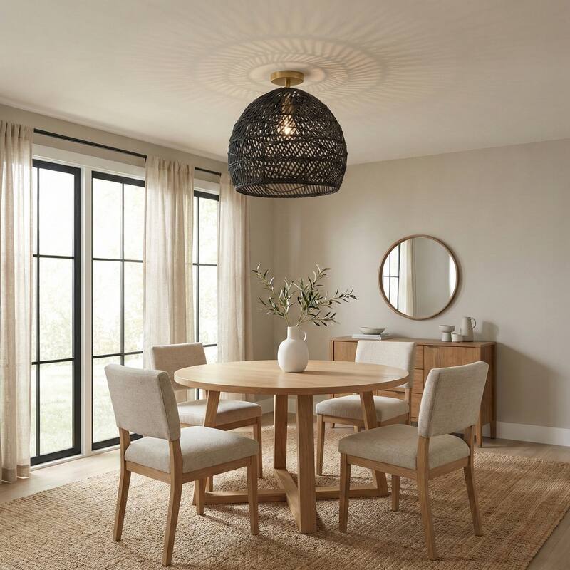 Lunar Rattan Flush Mount Rattan Black 1-Light Handwoven Ceiling Light for Bedroom or Hallway in Modern, Mid-Century, Boho Style