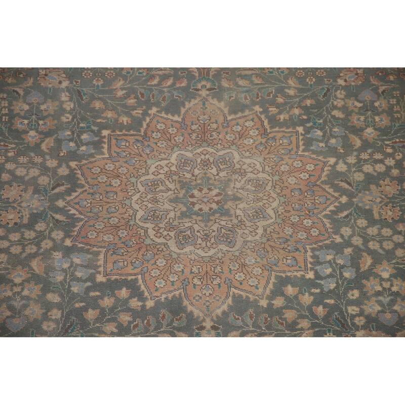 Green Tabriz Persian Vintage Area Rug Hand-knotted Wool Carpet - 6'5" x 8'11"