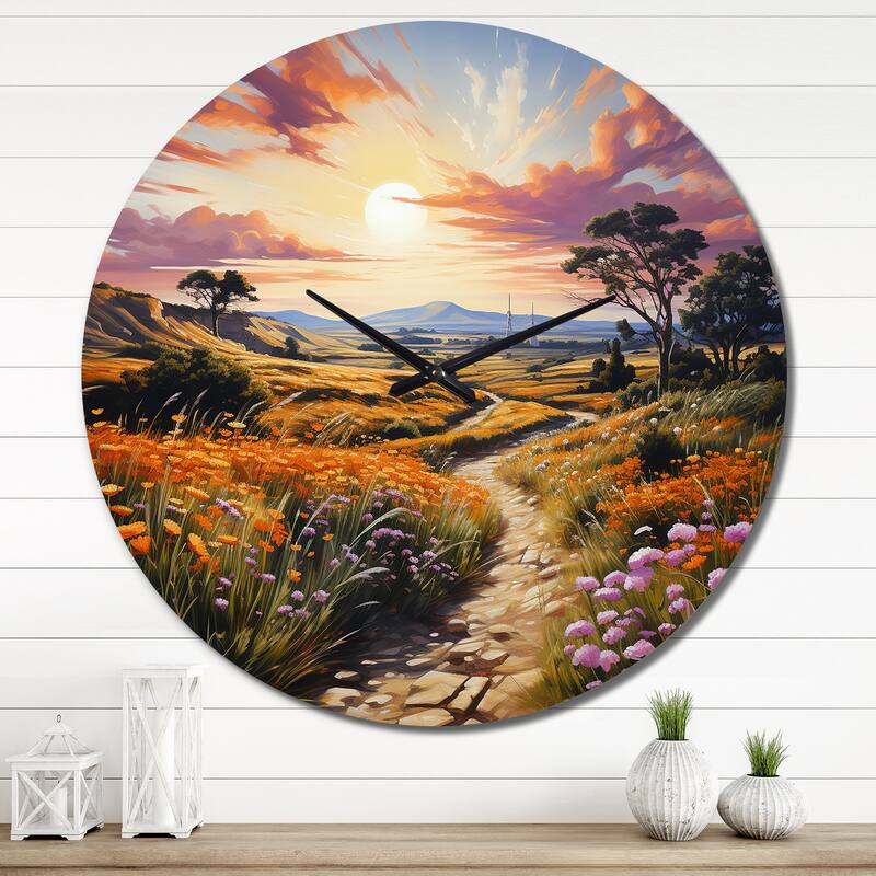 Designart "Green Pink Majestic Spin" Landscapes Oversized Wall Clock - 36 In. Wide x 36 In. High