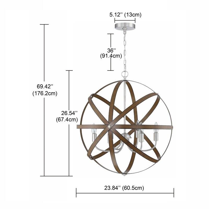 6-Light Barnwood And Brushed Nickle Pendant Lighting - 23.84"x23.84"x26.54"