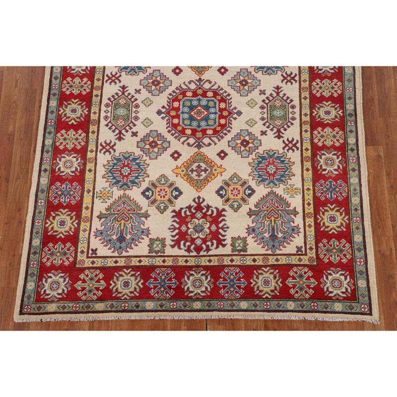 Geometric Ivory Kazak Oriental Area Rug Handmade Wool Carpet - 5'2" x 6'6"