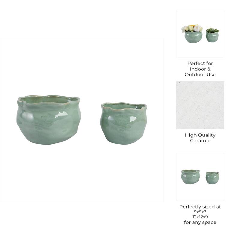Stoneware Ceramic Round Wavy Edge Planters Decorative Pot (Set of 2) - 12" x 12" x 9"
