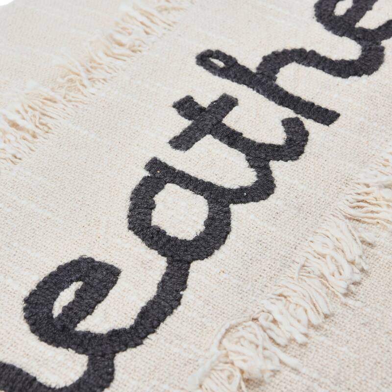 Embroidered Cotton Pillow "Breathe" with Eyelash Fringe, Cream & Charcoal Color