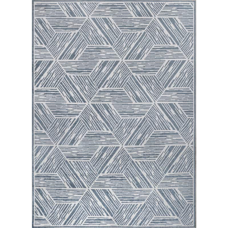 JONATHAN Y Koda Modern Coastal Geometric Machine-Washable Blue/Cream Area Rug