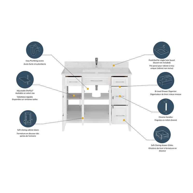 Jackson 42-inch Single Bathroom Vanity with Engineered Stone Top and Drawer Organizer