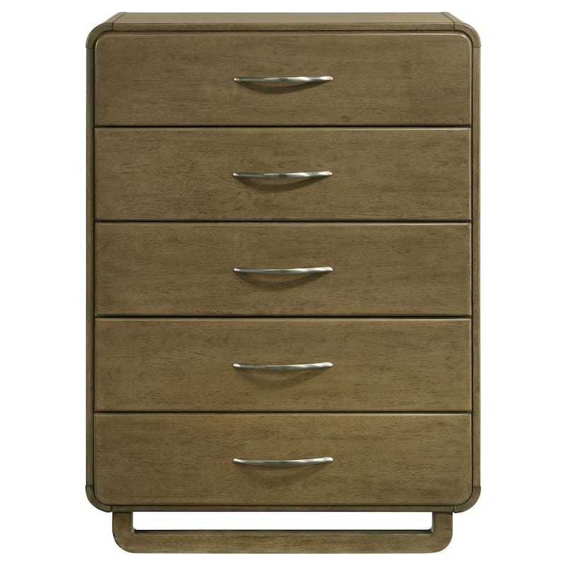 Deon Tall Dresser Chest, 5 Drawers w Nickel Handles, Nutmeg Brown