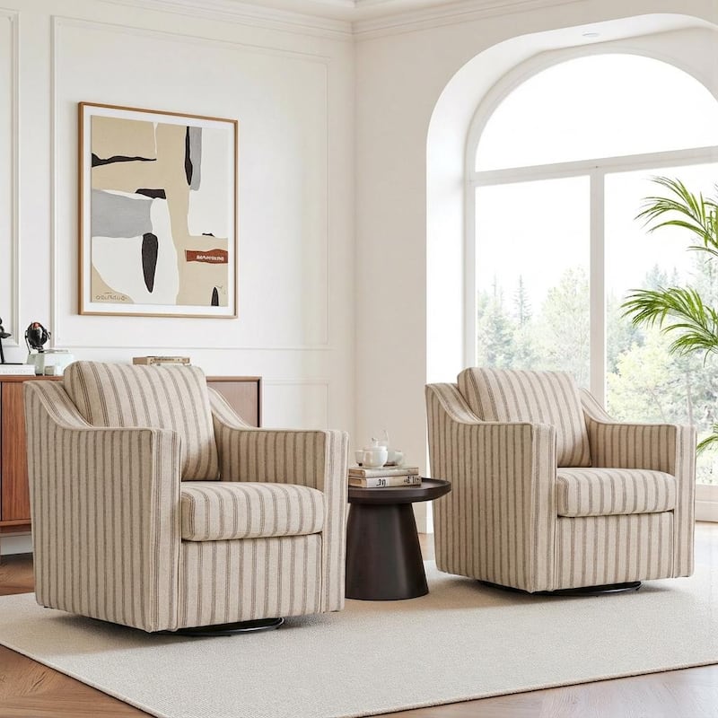 2 Set Modern Swivel Accent Arm Chair for Living Room - Pinstripe Light Brown-Linen