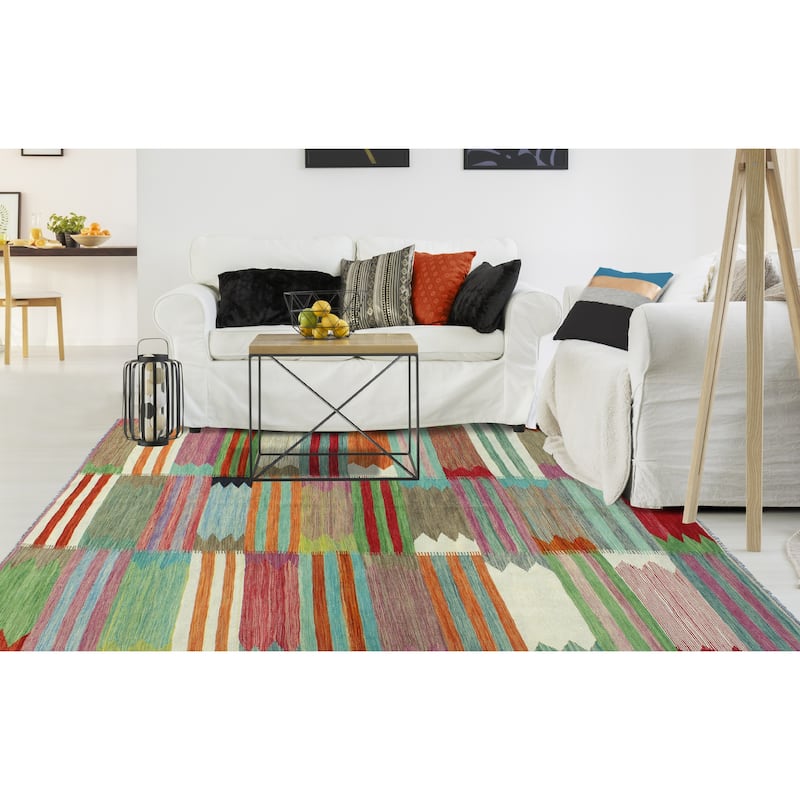 Modern Flatweave Aldrin Ivory/Green Rug - 5'7" x 8'2"